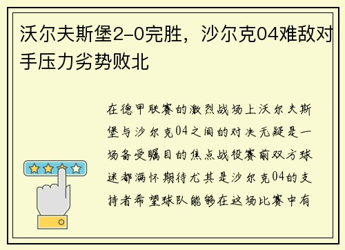 沃尔夫斯堡2-0完胜，沙尔克04难敌对手压力劣势败北