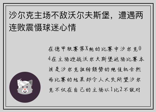 沙尔克主场不敌沃尔夫斯堡，遭遇两连败震慑球迷心情